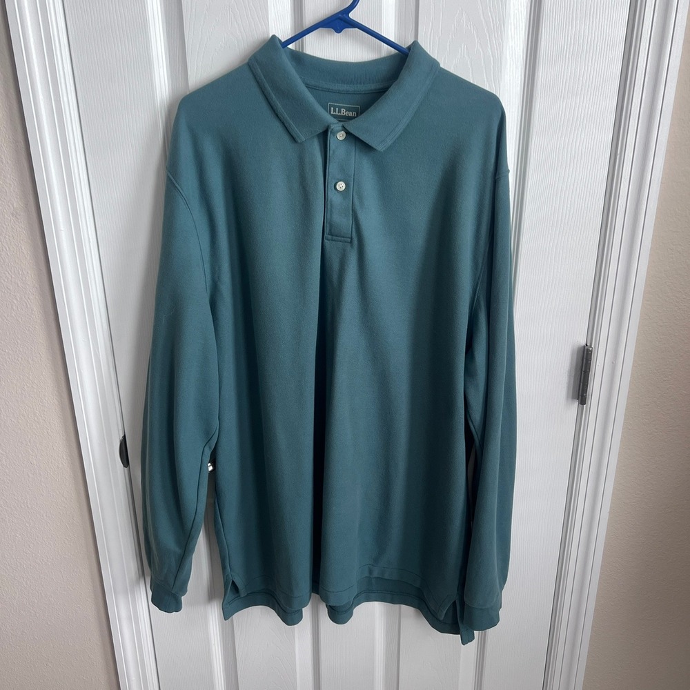 LL Bean Mens Long Sleeve Polo Shirt Teal‎ Size XXL Regular